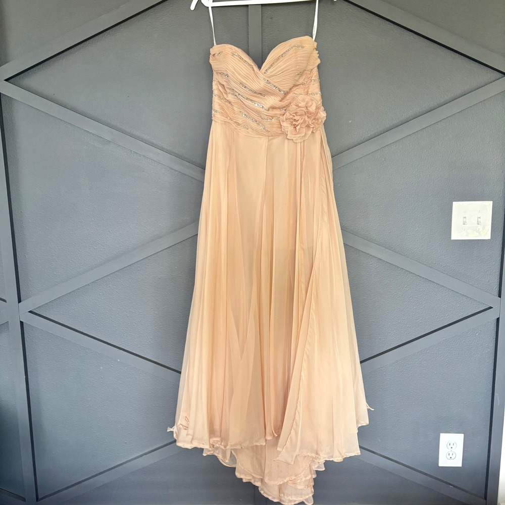 $798 Sherri Hill Peach Chiffon Strapless Sequin Beaded Gown Formal Dress 12 READ